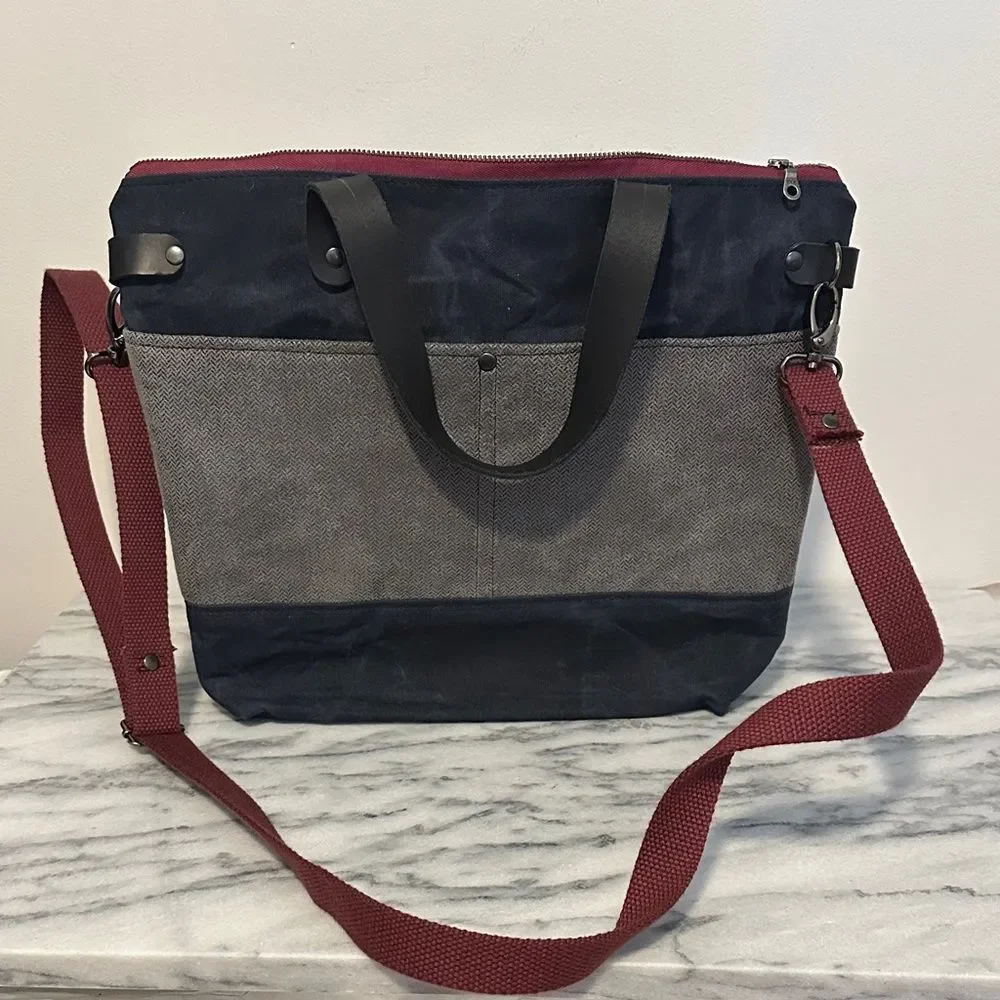 Cat Craine Tote crossbody waxed canvas leather handles zip top